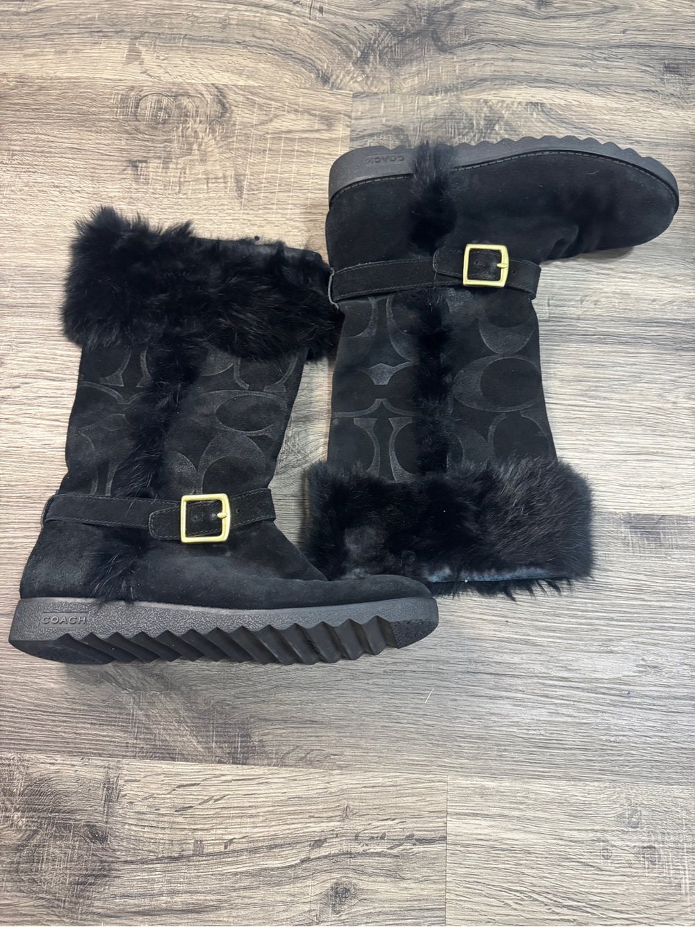 Coach Black Suede Shearling-Trim Mid-Calf Boots with Gold Buckle